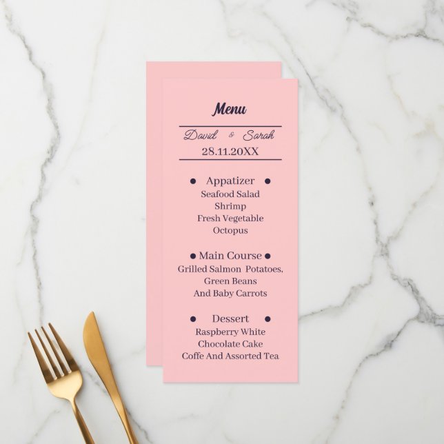 Simple Peach Personalized Wedding Dinner Menu (Front/Back In Situ)