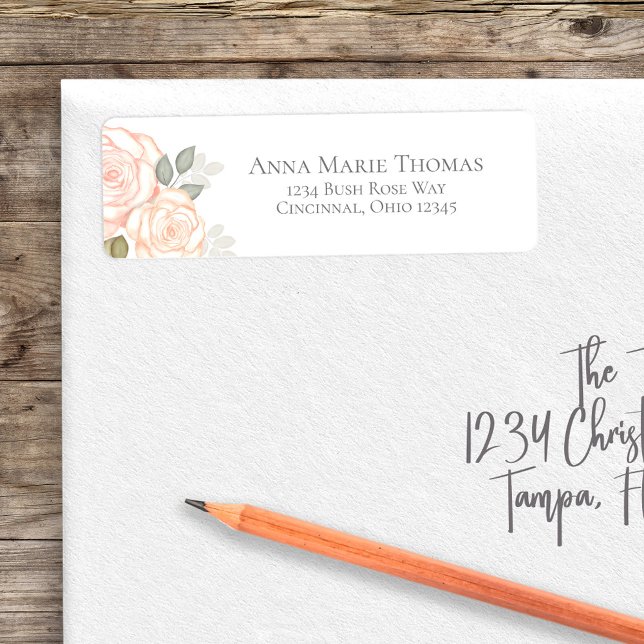 Simple Peach Watercolor Floral Label (Blue floral return address label with peach floral roses. )