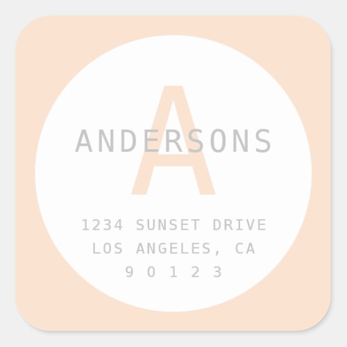 Simple Peach White  Grey Monogram  Address Square Sticker