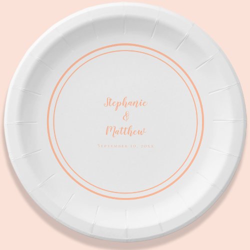 Simple Peach White Modern Bride  Groom Wedding Paper Plates