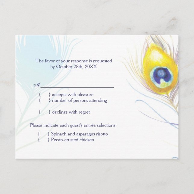 Simple Peacock Feather Wedding Menu Choice RSVP (Front)