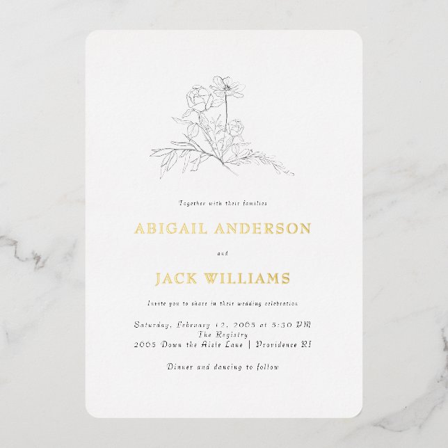Simple Pencil Botanical Wedding Gold Foil Invitation (Front)