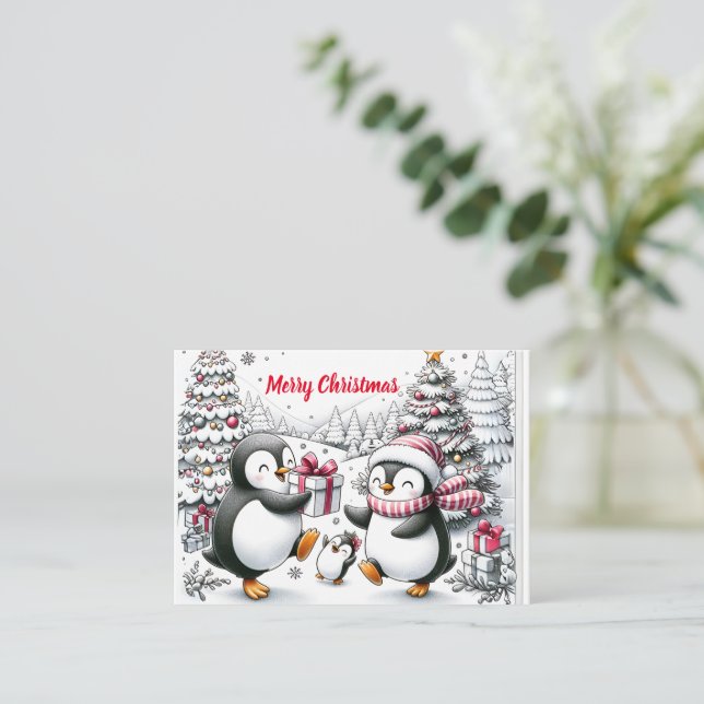 Simple Penguin Family Personalized Christmas Card (Standing Front)