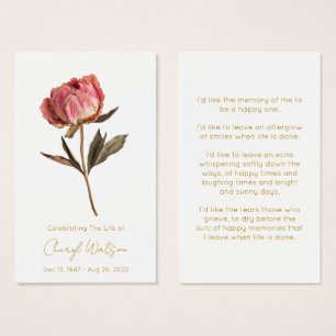 Simple Peony Funeral Memorial Prayer Card