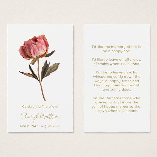 Simple Peony Funeral Memorial Prayer Card (Front & Back)