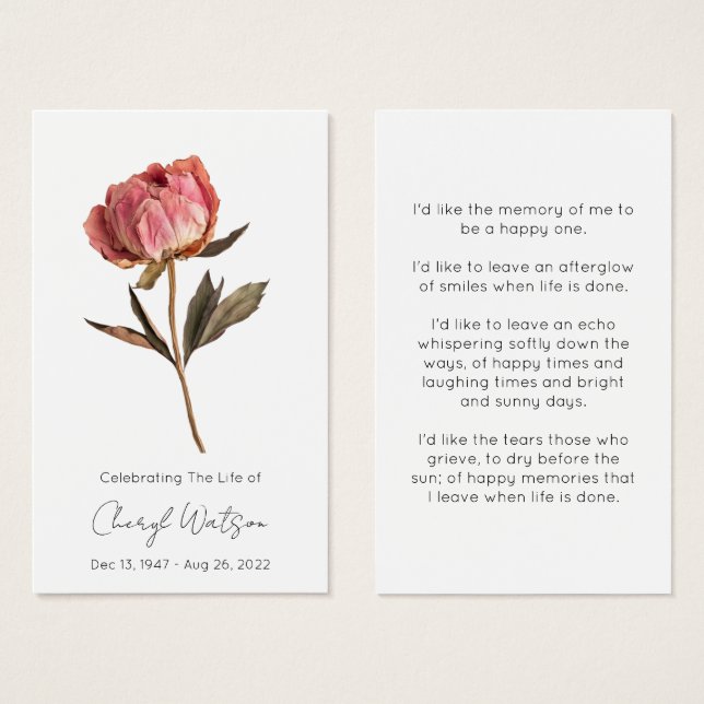 Simple Peony Funeral Memorial Prayer Card (Front & Back)