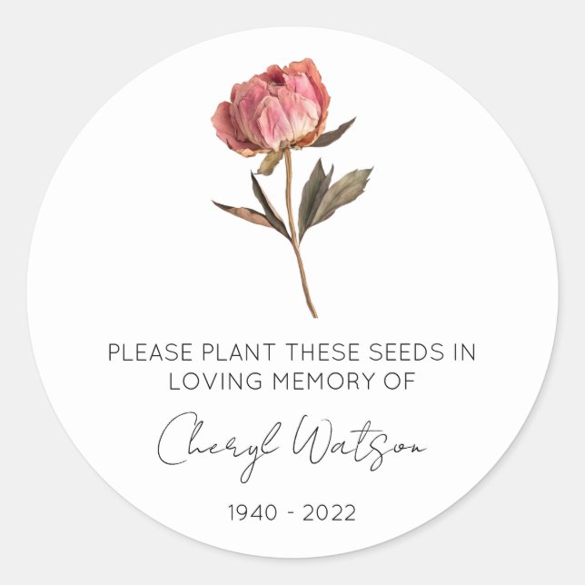 Simple Peony Memorial Seed Packet Classic Round Sticker (Front)