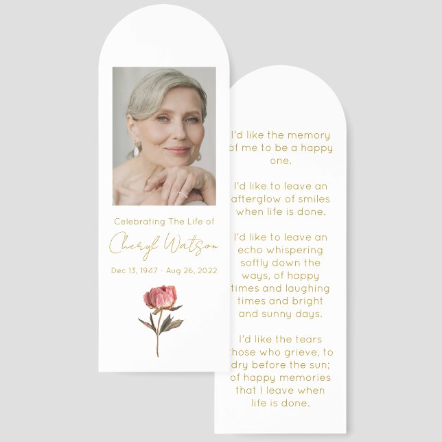 Simple Peony Photo Funeral Bookmark (Front & Back)