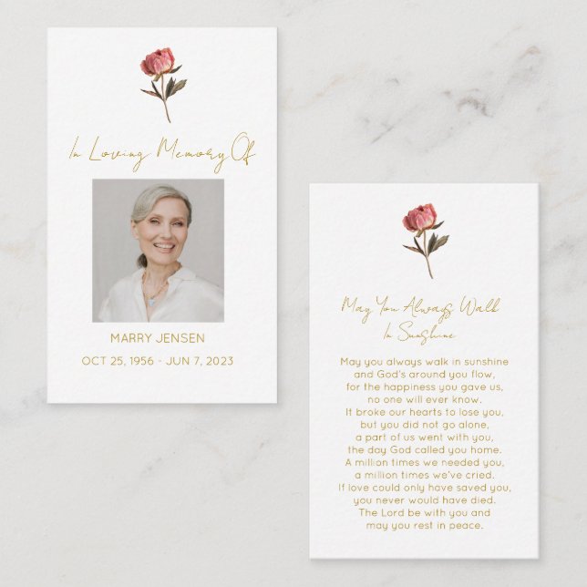 Simple Peony Photo Funeral Prayer Card (Front/Back)