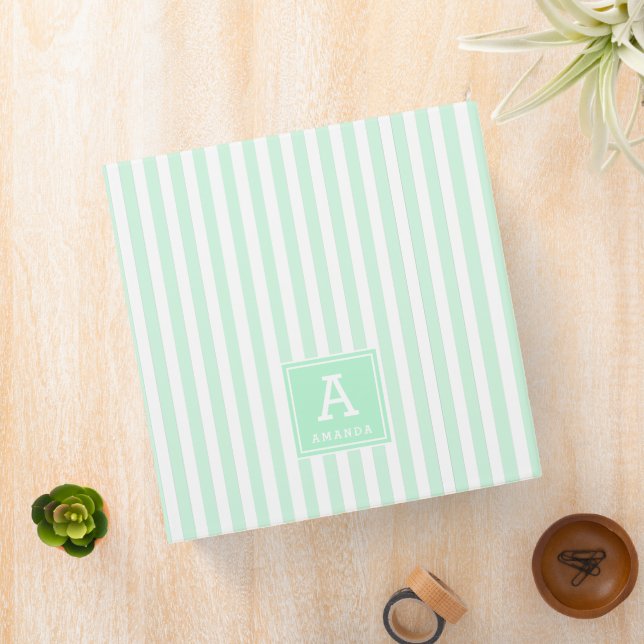 Simple Peppermint Green Cabana Stripes Monogrammed 3 Ring Binder (In Situ)