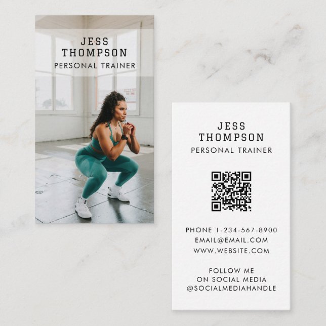 Simple Personal Trainer Fitness Photo QR Code   Business Card (Front/Back)