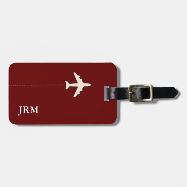 simple personalized dark-red travel airplane luggage tag (Front Horizontal)