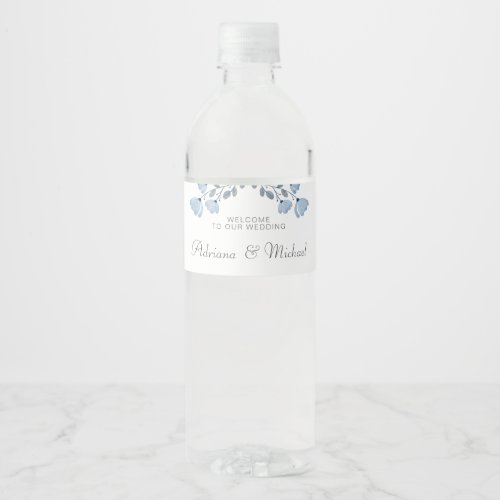 Simple Personalized Dusty Blue  Welcome Wedding  Water Bottle Label
