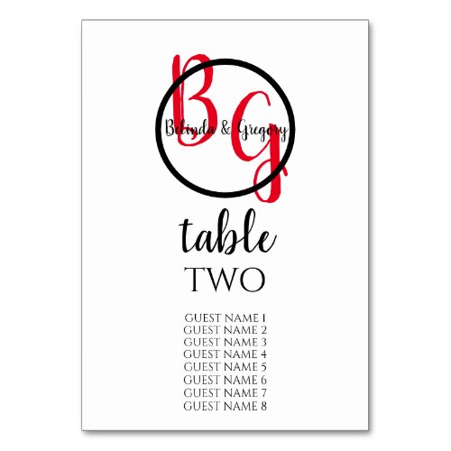 Simple Personalized Initials Wedding Guest Names Table Number
