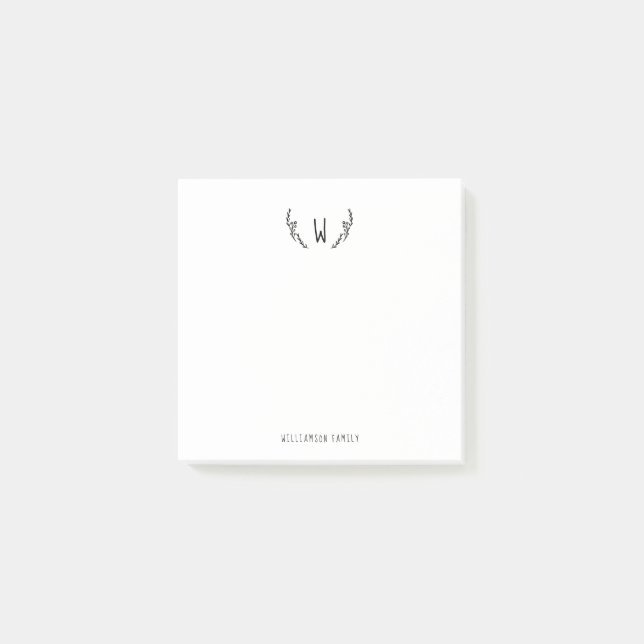 Simple Personalized Laurel Branch Monogram & Name Post-it Notes (Front)