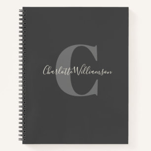 Simple Personalized Monogram and Name Black Gray Notebook