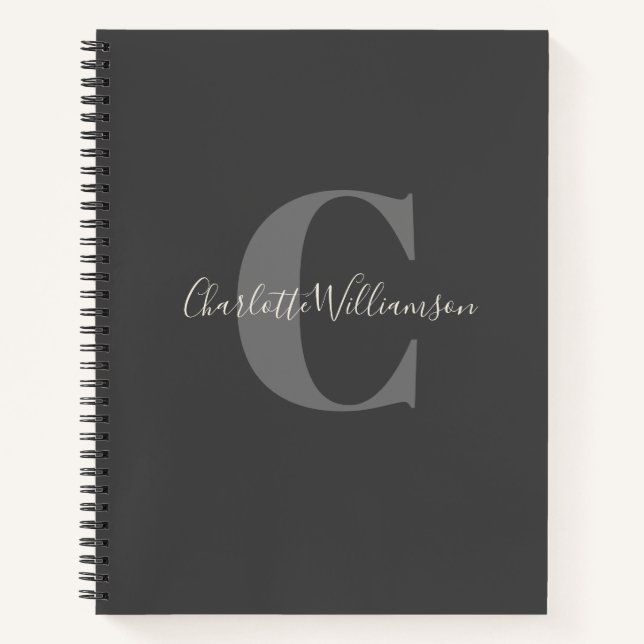 Simple Personalized Monogram and Name Black Gray Notebook (Front)