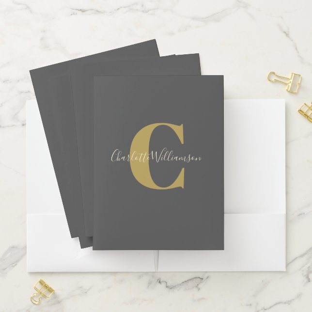 Simple Personalized Monogram and Name in Black  Pocket Folder (In Situ)