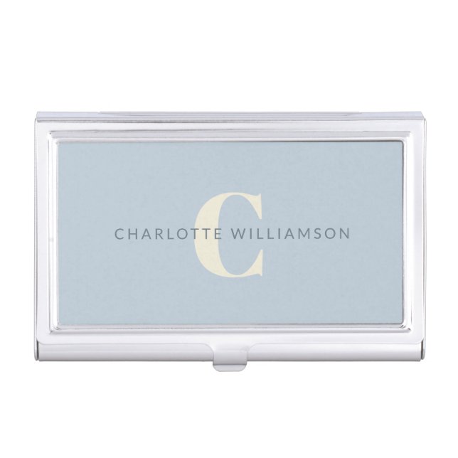 Simple Personalized Monogram and Name in Blue Business Card Case (Front)