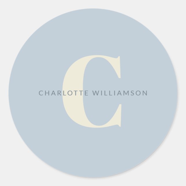 Simple Personalized Monogram and Name in Blue  Classic Round Sticker (Front)