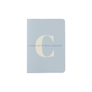 Simple Personalized Monogram and Name in Blue Passport Holder