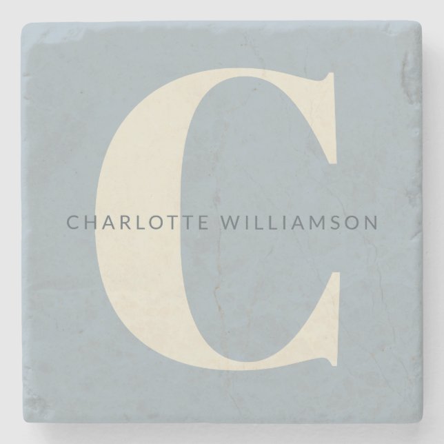 Simple Personalized Monogram and Name in Blue   Stone Coaster (Front)