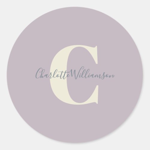 Simple Personalized Monogram and Name in Lilac  Classic Round Sticker