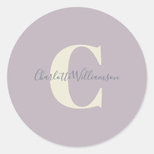 Simple Personalized Monogram and Name in Lilac Classic Round Sticker