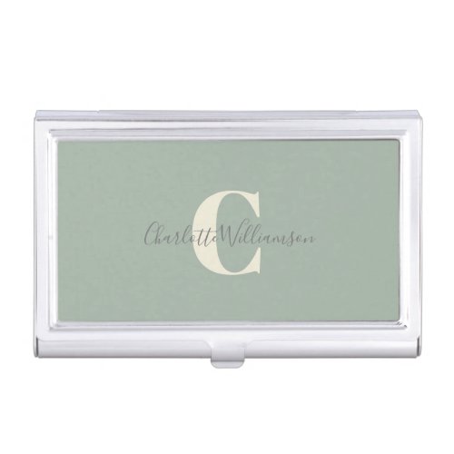 Simple Personalized Monogram and Name in Sage Business Card Case