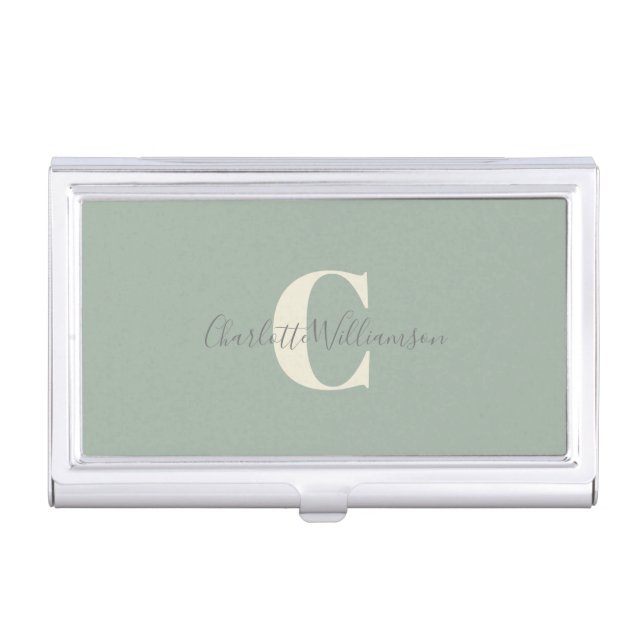 Simple Personalized Monogram and Name in Sage Business Card Case (Front)
