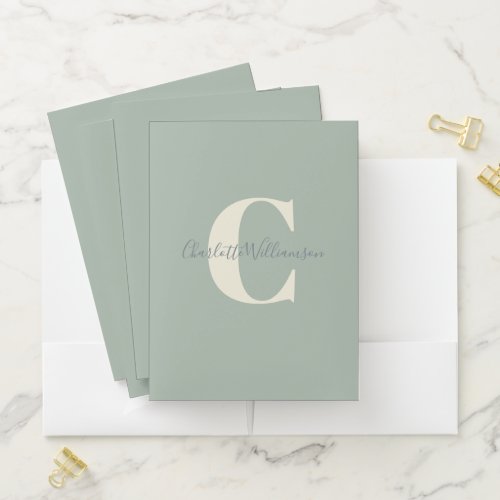Simple Personalized Monogram and Name in Sage  Pocket Folder
