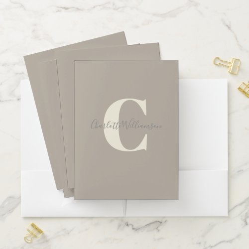 Simple Personalized Monogram and Name in Taupe Pocket Folder