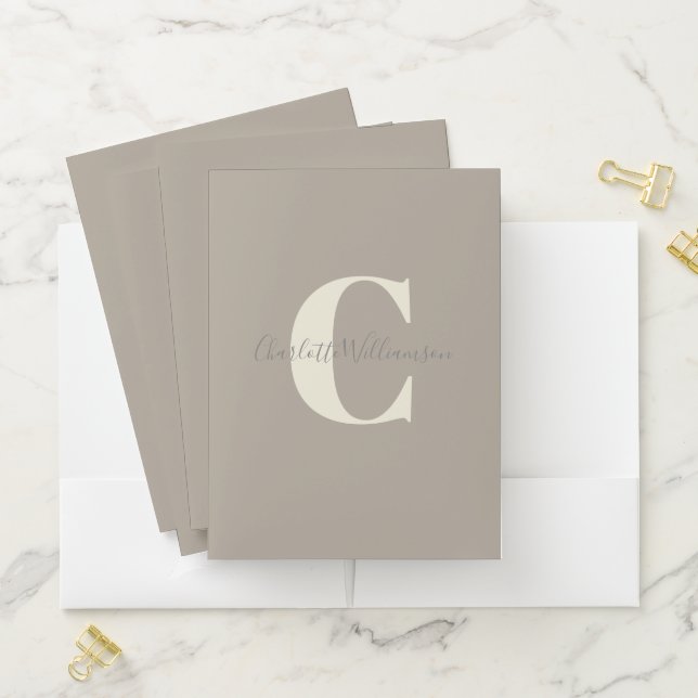 Simple Personalized Monogram and Name in Taupe Pocket Folder (In Situ)