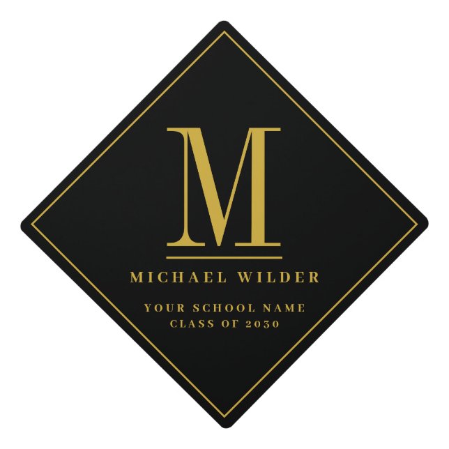 Simple Personalized Monogram Black Gold Name  Graduation Cap Topper (Front)