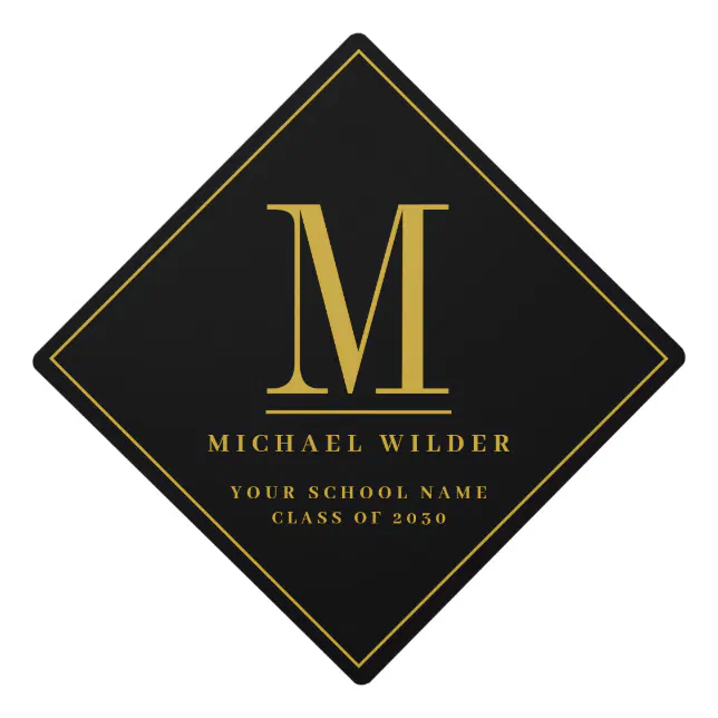 Simple Personalized Monogram Black Gold Name Graduation Cap Topper | Zazzle