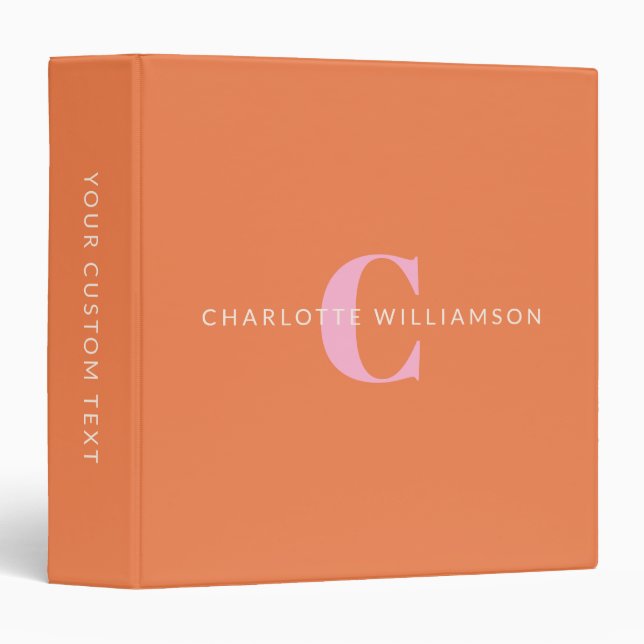 Simple Personalized Monogram Name Pink Orange  3 Ring Binder (Front/Spine)