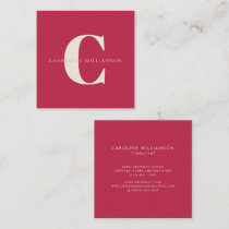 Simple Personalized Monogram Name Pink Red Modern Square Business Card