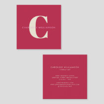 Simple Personalized Monogram Name Pink Red Modern Square Business Card
