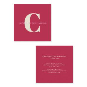 Simple Personalized Monogram Name Pink Red Modern Square Business Card