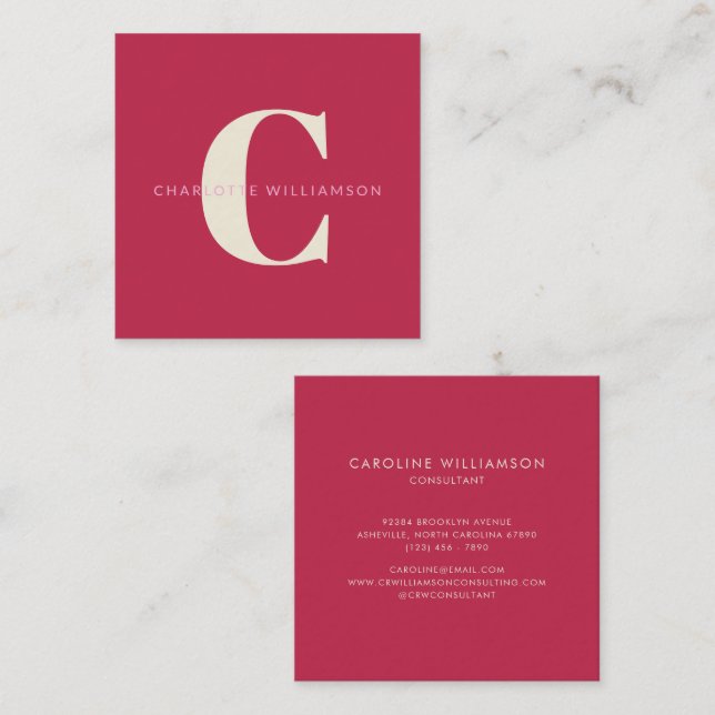 Simple Personalized Monogram Name Pink Red Modern Square Business Card (Front/Back)