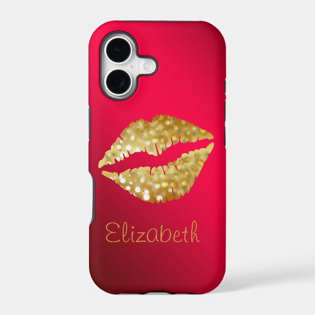 Simple Personalized Red Glitter Gold Lips Iphone Case (Back)