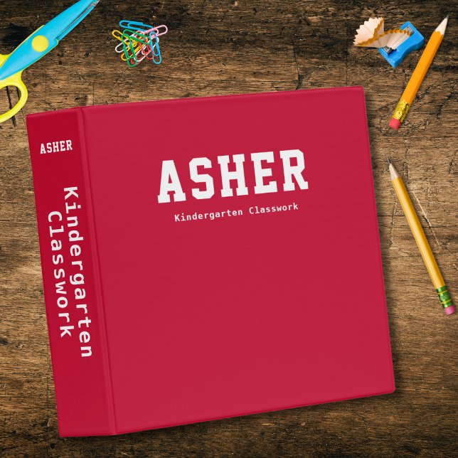 Simple Personalized Red Kindergarten Classwork 3 Ring Binder (Creator Uploaded)
