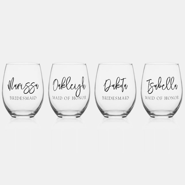 Simple Personalized Script Name Bridesmaid Gift Stemless Wine Glass (Front)