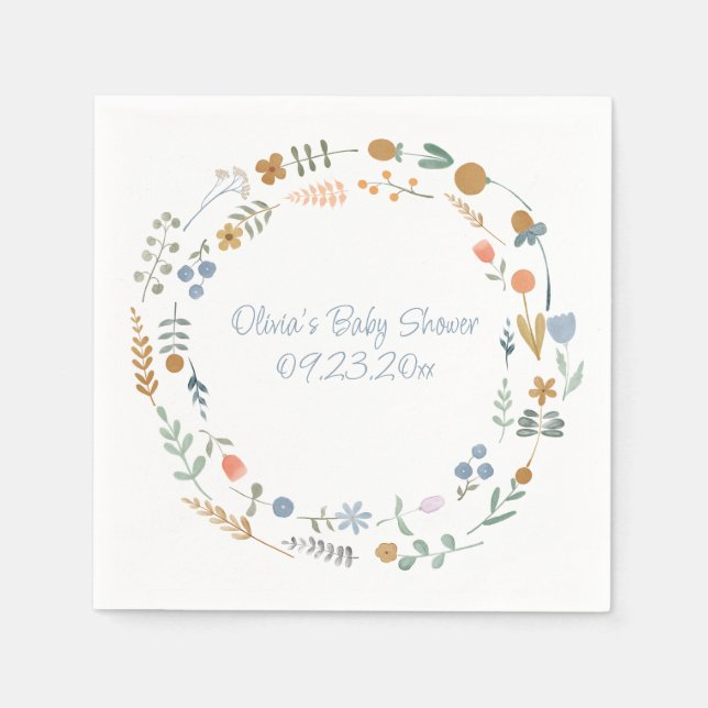 Simple Personalized Watercolor Floral Baby Shower Napkins (Front)
