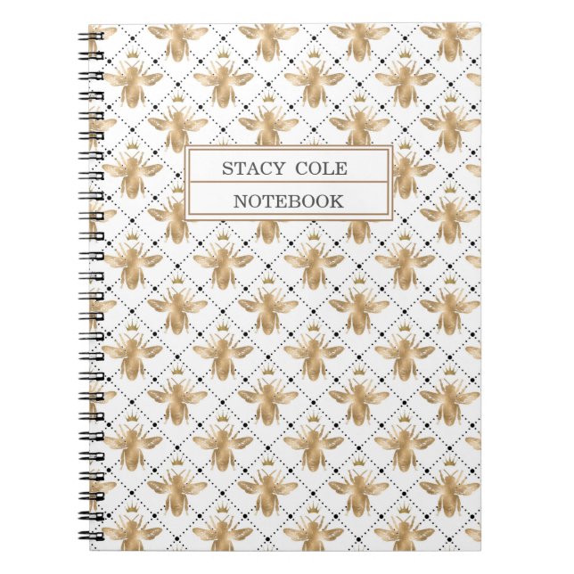 Simple Personalized White & Brown Honeycomb Bee Notebook (Front)