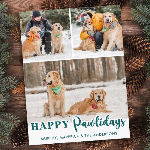 Simple Pet Dog Custom 3 Photo Happy Pawlidays Holiday Postcard