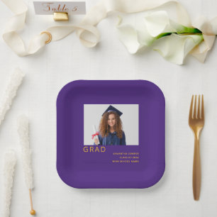 Simple Photo 2022 Graduation Purple Yellow Paper Plates