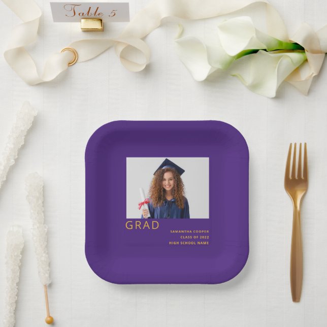 Simple Photo 2022 Graduation Purple Yellow Paper Plates (Wedding)