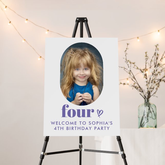 Simple Photo 4th Birthday Party Welcome Foam Board (In Situ (Stand))