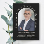 Simple Photo Arch Black 70th Birthday Party Invitation<br><div class="desc">As unique as the individual being celebrated, this modern 70th birthday party invitation features a wonderful arch shaped photo template to personalize with your honoree's photo. A background in classic black adds modern appeal to the design. The custom text template with text that runs along the outer edge of the...</div>